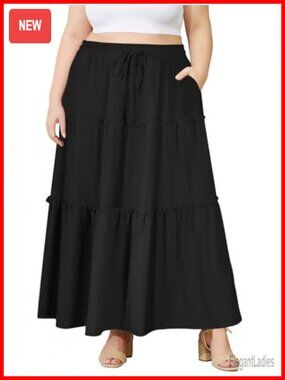 Plus Size Tiered Maxi Skirt Flowy Boho A-Line with Pockets